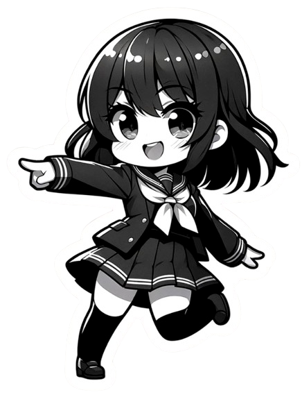 Japanese chibi anime character pointing to the left